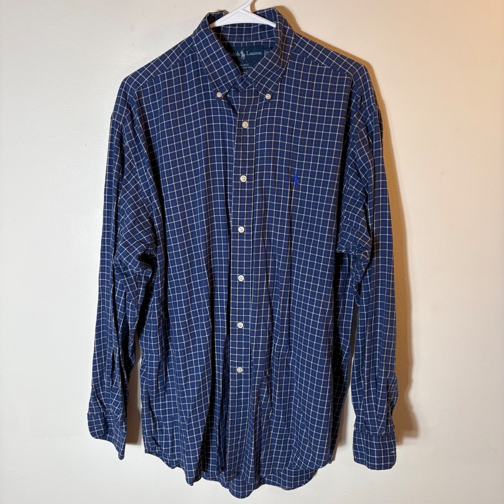 Ralph Lauren Blake Blue White Windowpane Check Cotton Button Down Size Medium‎